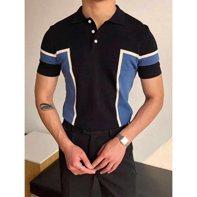 Men’s fashion temperament stitching men’s knitted sweater short-sleeved slim business polo shirt