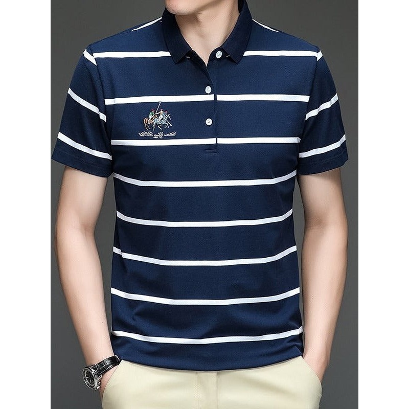 Men’s Striped Lapel Cotton Polo Shirt