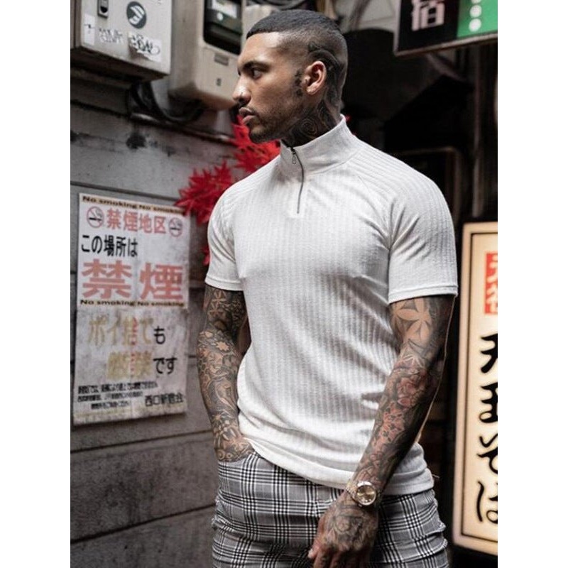 Mock Neck Zipper Elastic Breathable Polo Shirt