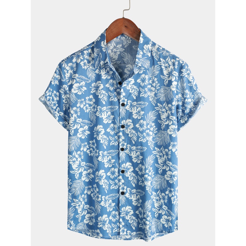 Men’s Blue Tropical Floral Plant Leaf Cotton Button Up Short Sleeve Aloha Resort Beach Shirt