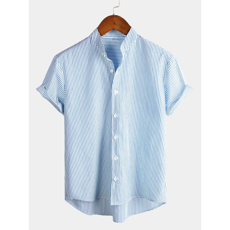 Men’s Breathable Cotton Stand Collar Short Sleeve Striped Classic Shirts