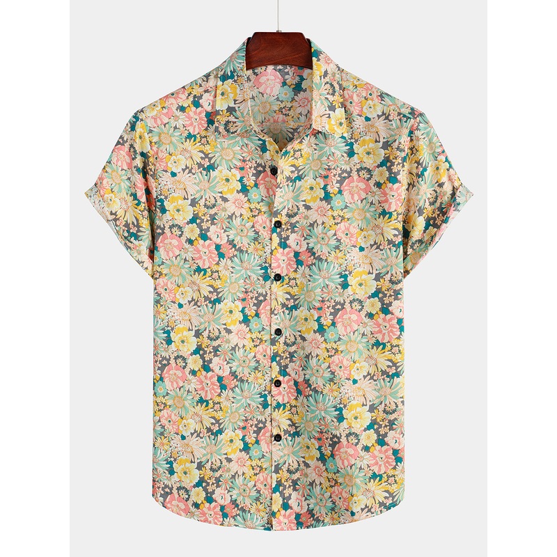 Men’s Floral Cotton Casual Button Up Short Sleeve Shirt