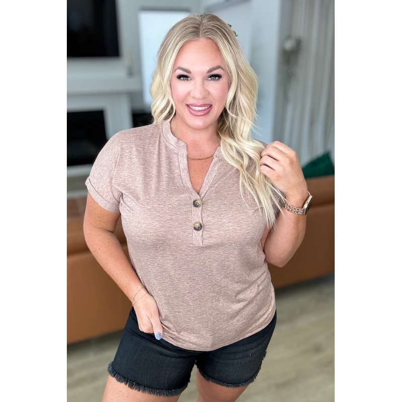 Almost There V-Neck Henley Top In Taupe