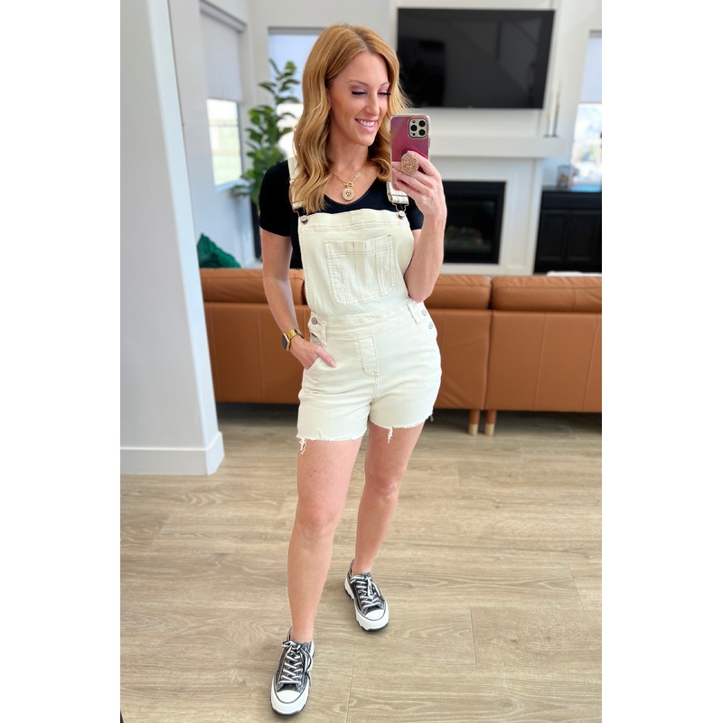 Anna High Rise Garment Dyed Cutoff Shortalls in Ecru
