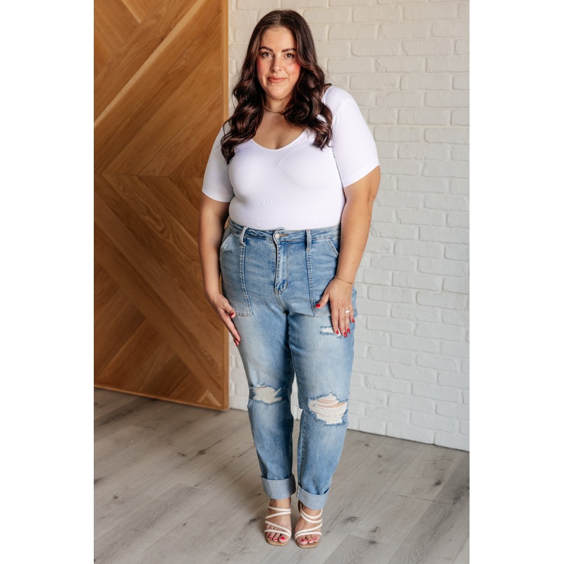 Aiden High Rise Patch Pocket Distressed Boyfriend Jeans