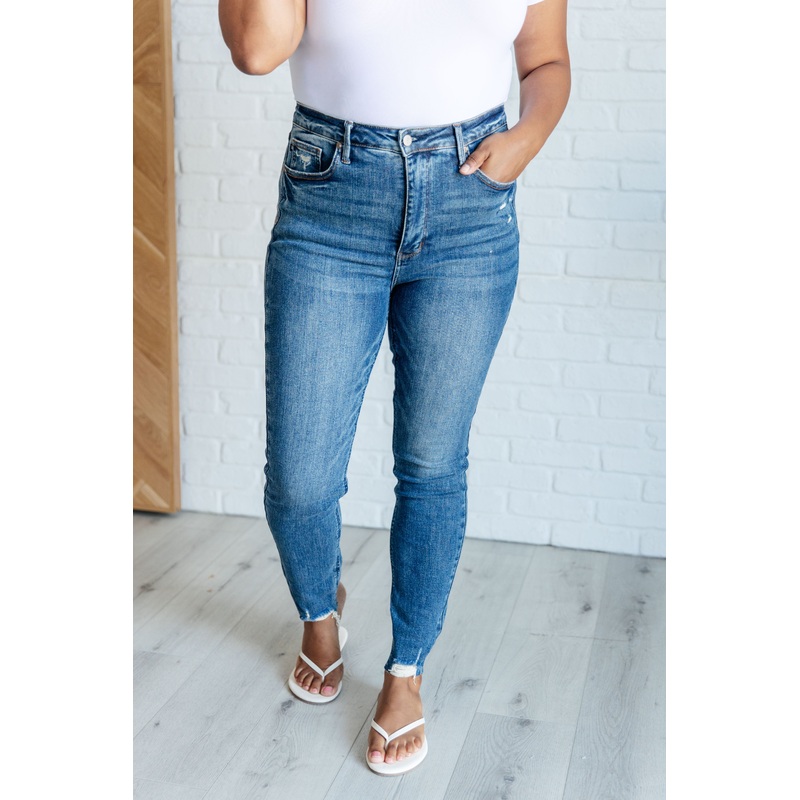 Alba High Rise Control Top Distressed Hem Skinny Jeans