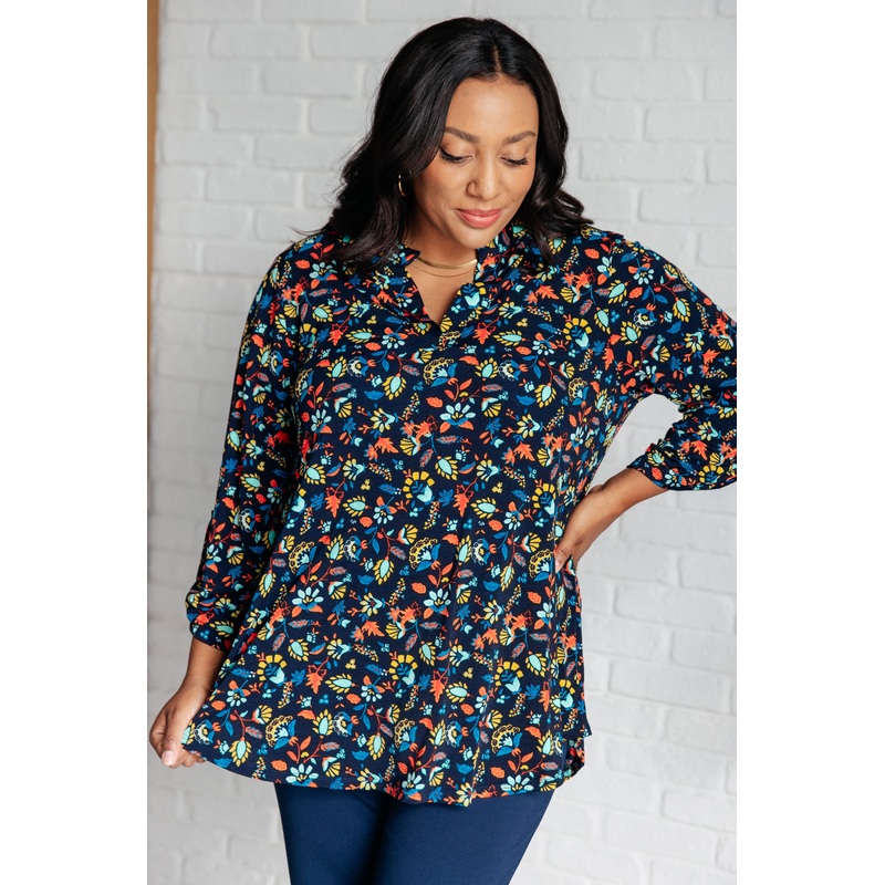 Lizzy Top in Navy and Teal Multi Floral