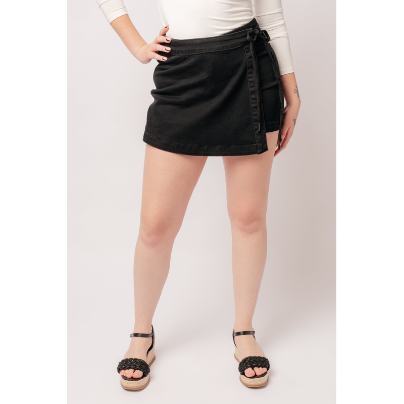 Bentli High Rise Side Tie Denim Skort in Black