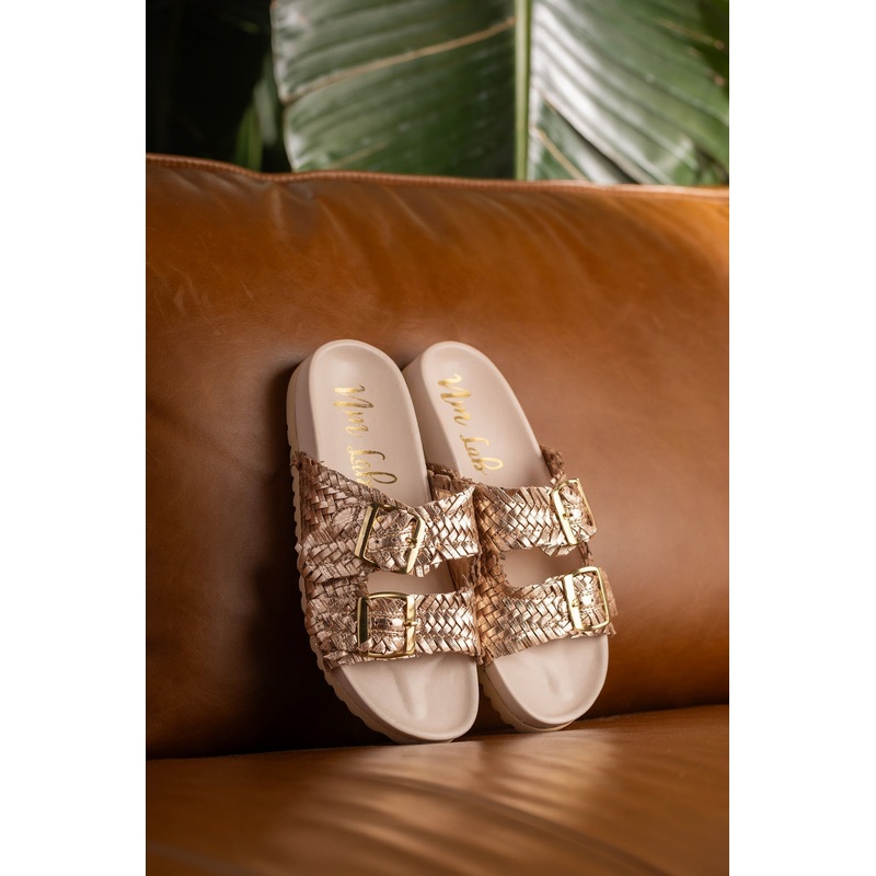 Intertwine Dual Woven Strap Slide in Champagne