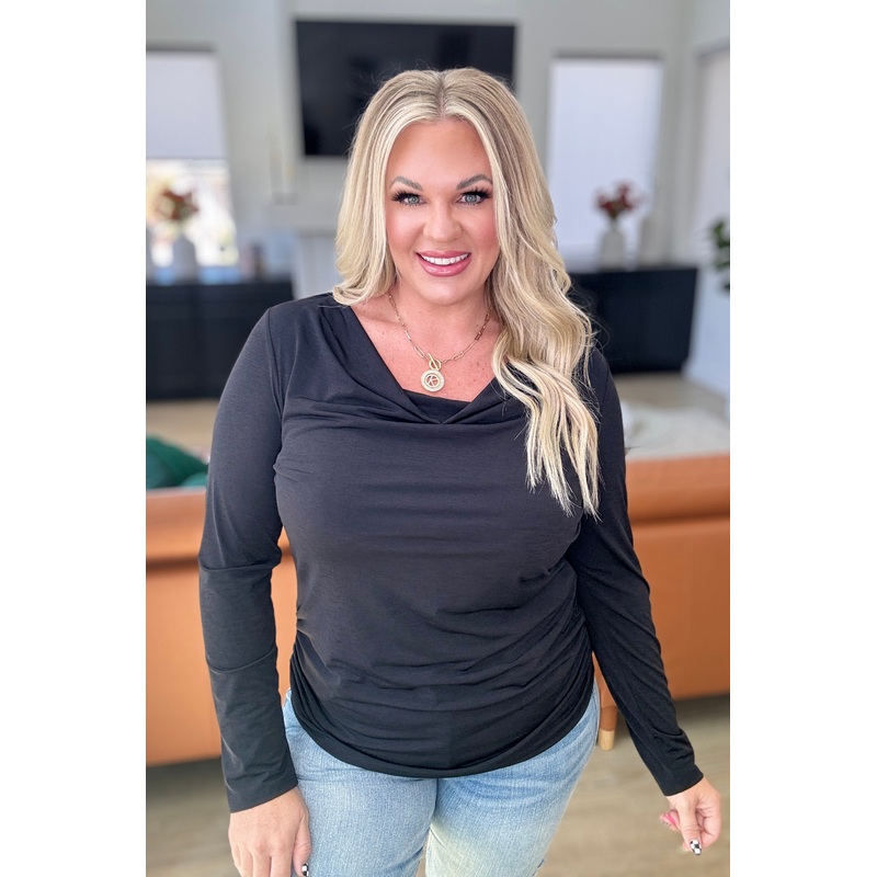 Ruched Cowl Neck Top in Black