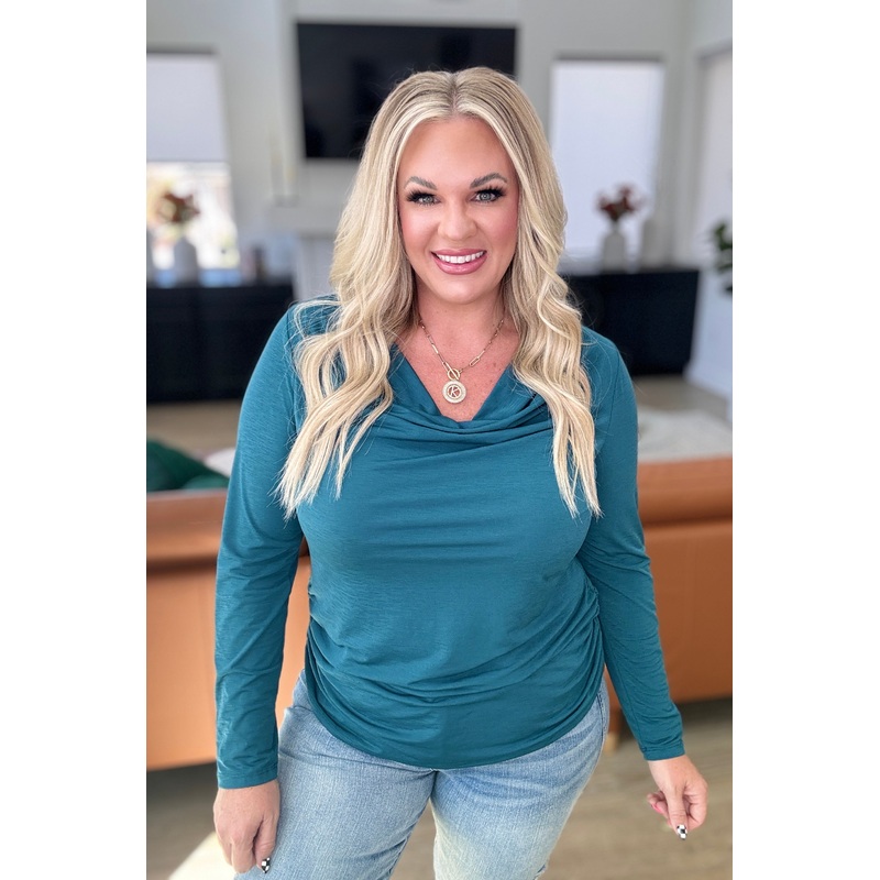 Ruched Cowl Neck Top in Dark Teal