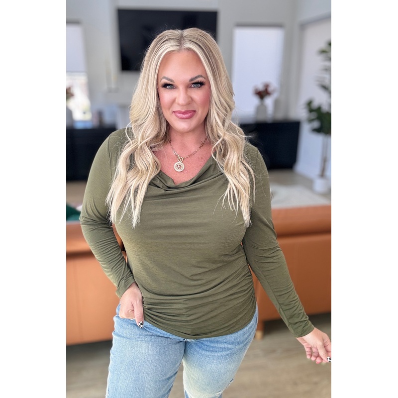 Ruched Cowl Neck Top in Olive