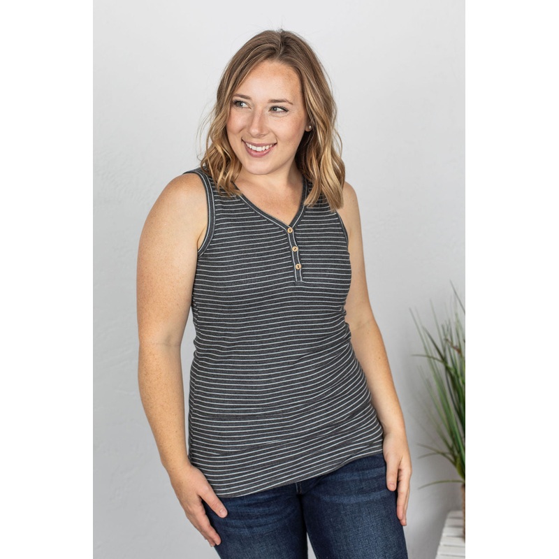 Addison Henley Tank – Charcoal w/White Stripes