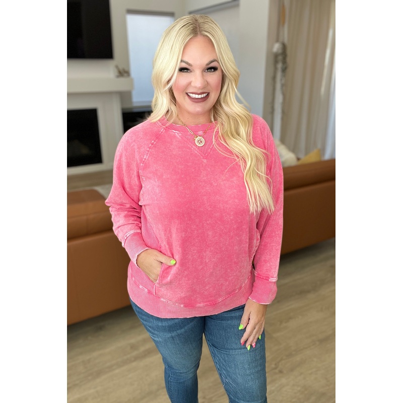 Acid Wash French Terry Pullover in Fuchsia