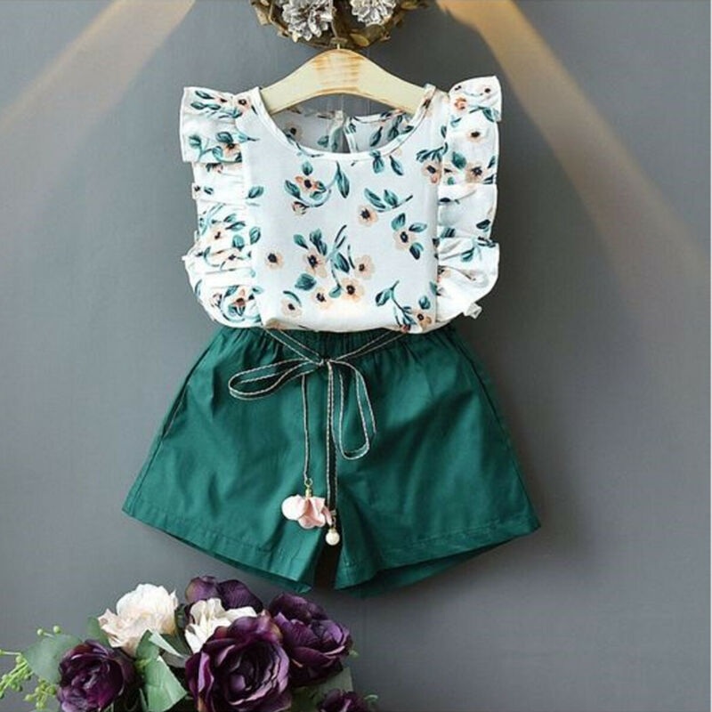 Conjunto Blusa e Short Verde Floral – 2 a 7 anos
