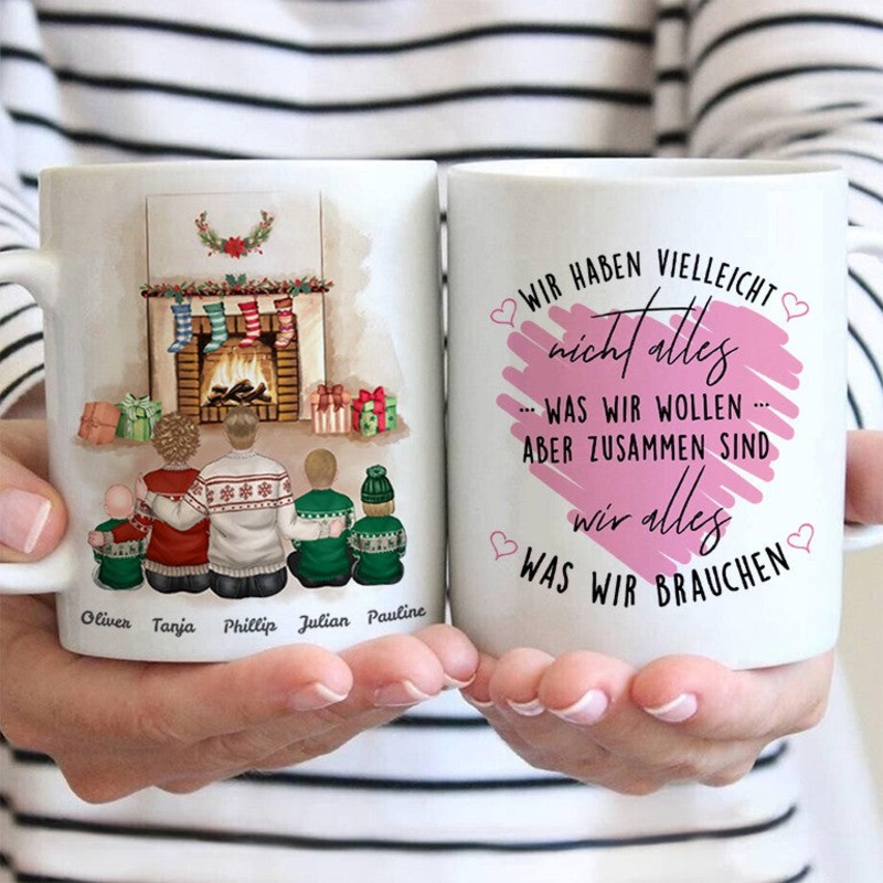 Familie Weihnachtstasse mit 3 Kind (Tochter oder Sohn) – personalisierte Tasse