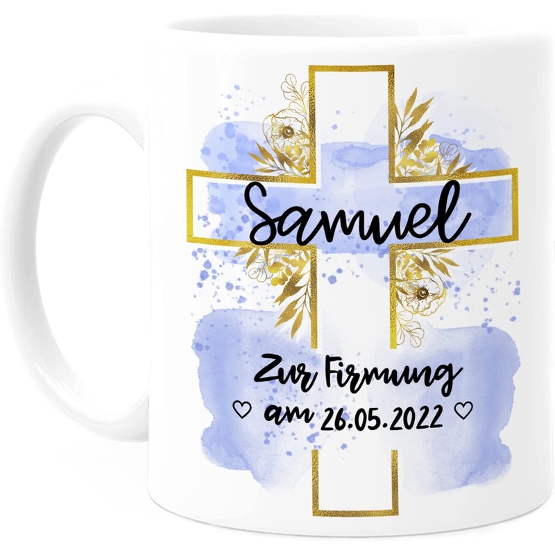 Firmung Tasse personalisiert mit Namen, Text und Datum – Wei Rosa Blau – Beidseitiger Druck – Firmung Geschenk