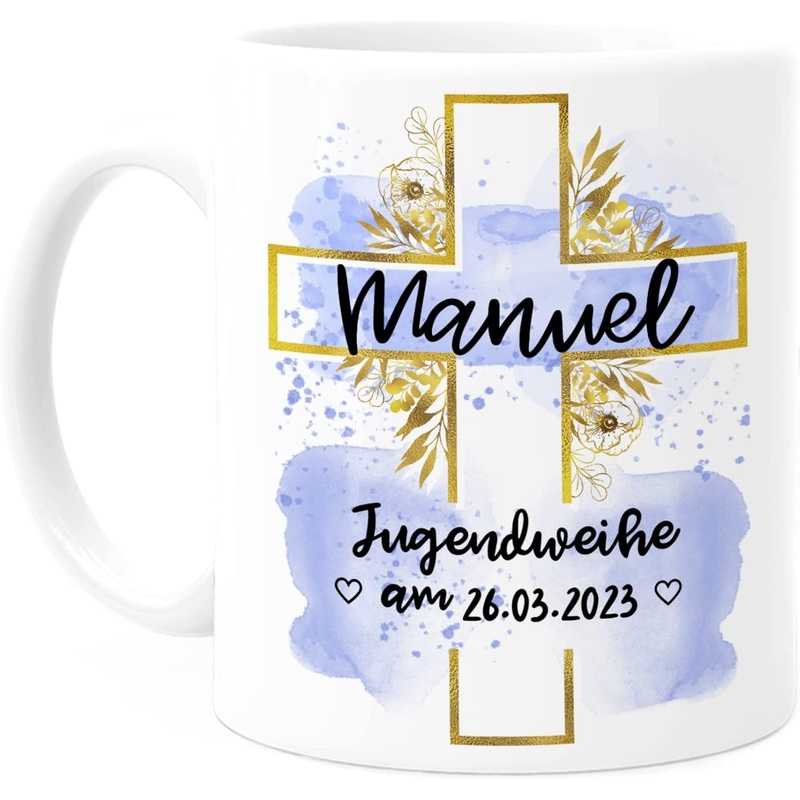 Jugendweihe Tasse personalisiert mit Namen, Text und Datum – Wei Rosa Blau – Beidseitiger Druck – Jugendweihe Geschenk