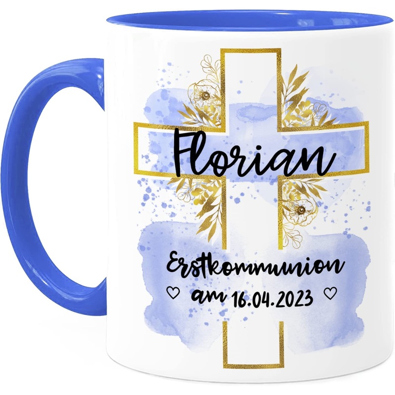 Kommunion Tasse personalisiert mit Namen, Text und Datum – Wei Rosa Blau – Beidseitiger Druck – Erstkommunion Geschenk