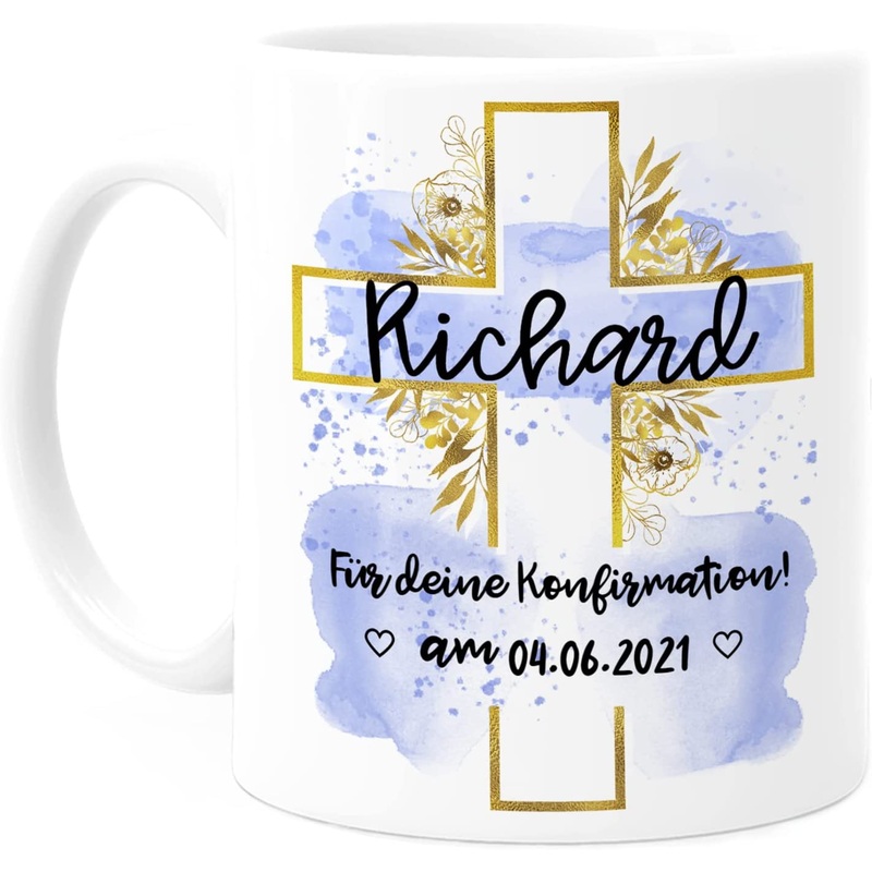 Konfirmation Tasse personalisiert mit Namen, Text und Datum – Wei Rosa Blau – Beidseitiger Druck – Konfirmation Geschenk