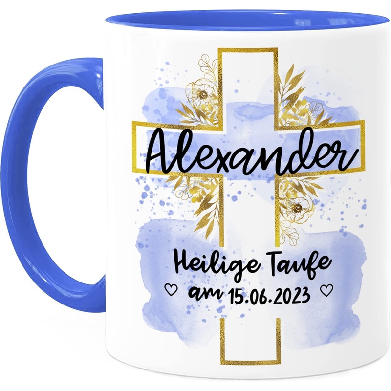 Taufe Tasse personalisiert mit Namen, Text und Datum – Wei Rosa Blau – Beidseitiger Druck – Taufe Geschenk