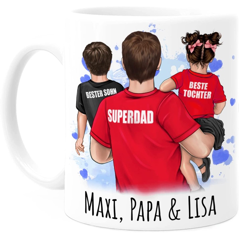 Papa Tasse personalisiert mit 2 Kindern, Spruch und Name – Vatertagsgeschenk Geburtstag