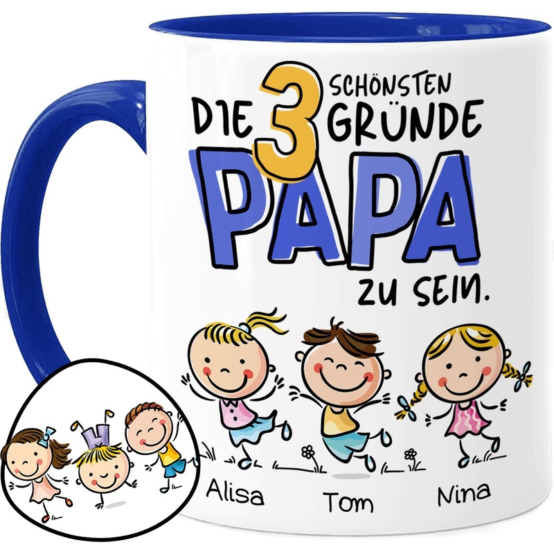 Papa Tasse personalisiert mit 3 Kindern – Die 3 schnsten Grnde Papa zu sein