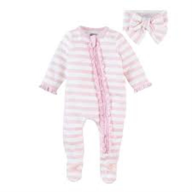 PInk Stripe Footie with Headband 0-3Month