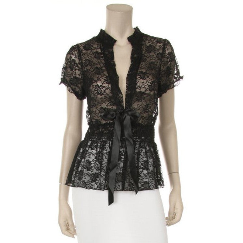 Black Short Sleeve Lace Top V Neck With Bow