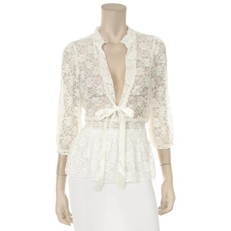 White Lace Top 3/4 Length Sleeve V Neck With Bow