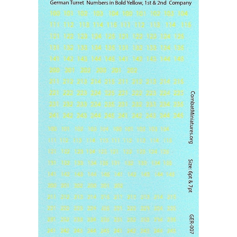 1/300-1/600 German Turret Numbers in Yellow w/ White Outline Waterslide Decals