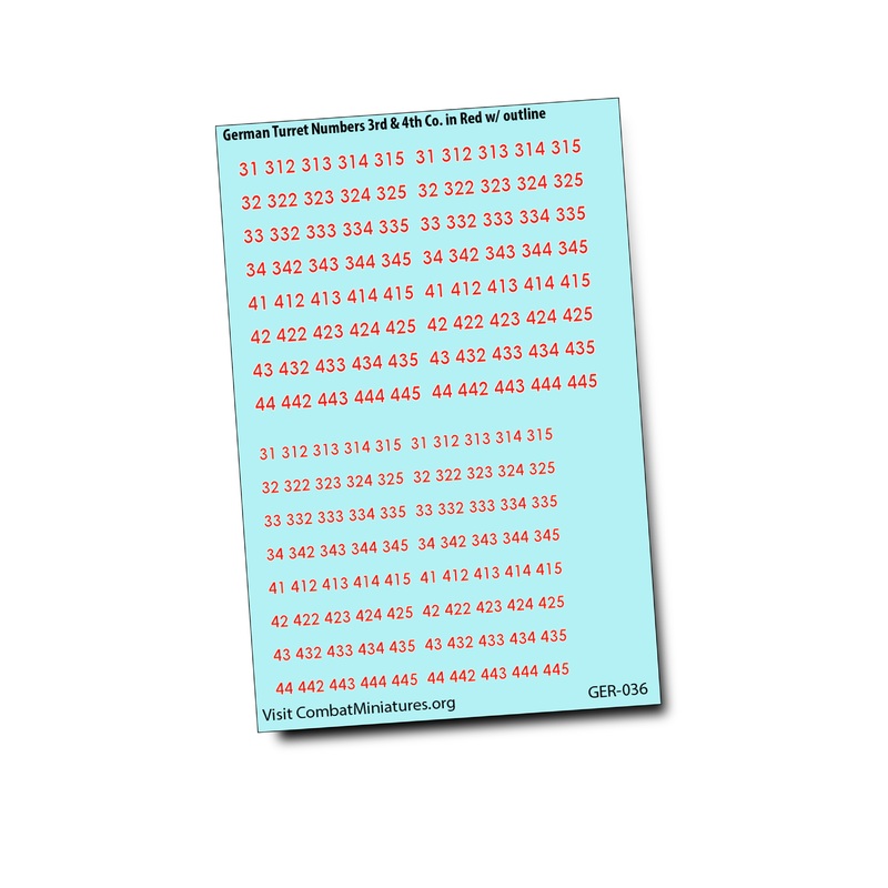 German Turret Numbers in Red w/Outline Waterslide Decals (3rd-4th Companies)