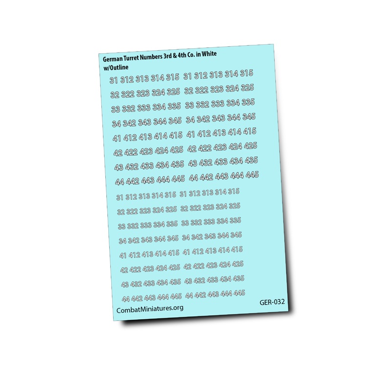 German Turret Numbers in White w/ Outline Waterslide Decals (3rd-4th Companies)